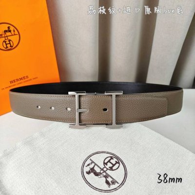 特 HermèS 爱马仕针扣 原单品质 进口头层牛皮 灰色荔枝纹搭配进口原版Box黑色平纹 38Mm宽 双面可用 配官网H亮银 亮金 亮枪扣