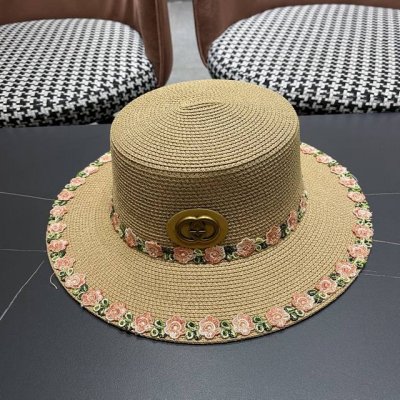 古奇Gucci 夏天平顶大檐草帽子女防晒遮阳韩版潮凉帽海边出游度假百搭沙滩帽