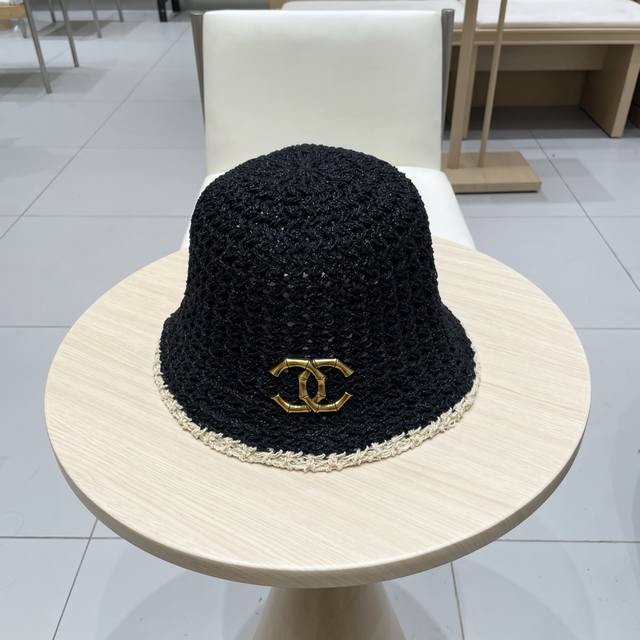 P80 Chanel香奈儿大头围草编镂空渔夫帽女夏季防晒遮阳盆帽显脸小可折叠拼色水桶帽