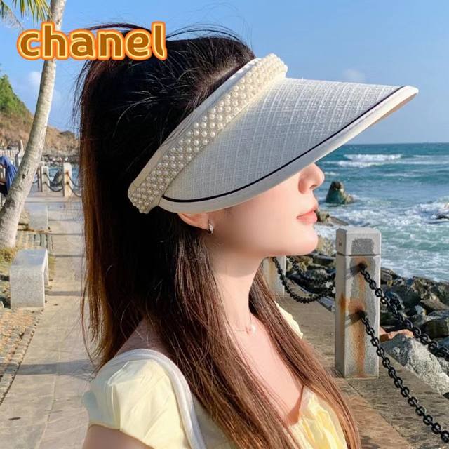 P80 香奈儿Chanel夏季女大檐防紫外线空顶帽户外防晒遮阳帽时尚珍珠满钻出游太阳帽