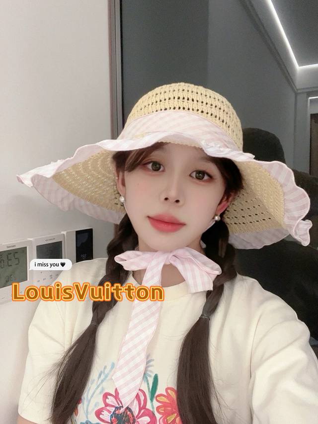 P80 Lv路易威登2025新春蓝格飘带镂空编织草帽女大帽檐遮阳防晒法式海边度假帽子