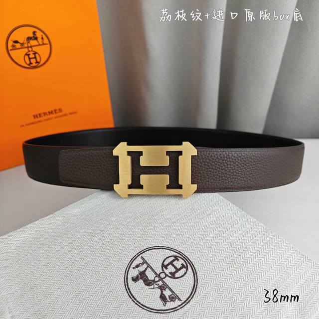Hermè 爱马仕 双头尖 双面原版 顶级品质 进口头层牛皮荔枝纹搭配黑色平纹 寸半38Mm 配H官网精钢镂空金 银扣 顶级 P230
