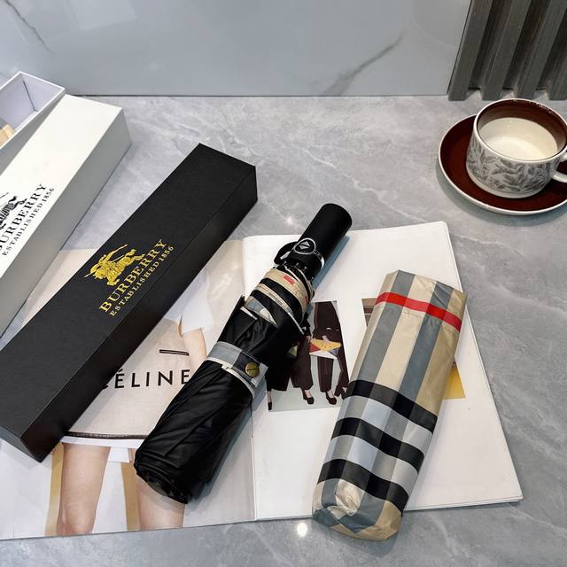 P70 Burberry 巴宝莉 夏季新款 全自动折叠晴雨伞 黑色涂层防晒有效阻隔紫外线99%，Upf 50 所以能起到伞下体感降温的效果！ 有效隔热，高效防晒