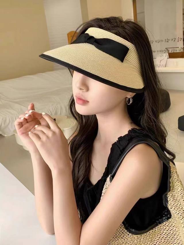 P80 Chanel香奈儿蝴蝶结遮阳帽，空顶草帽，可调节