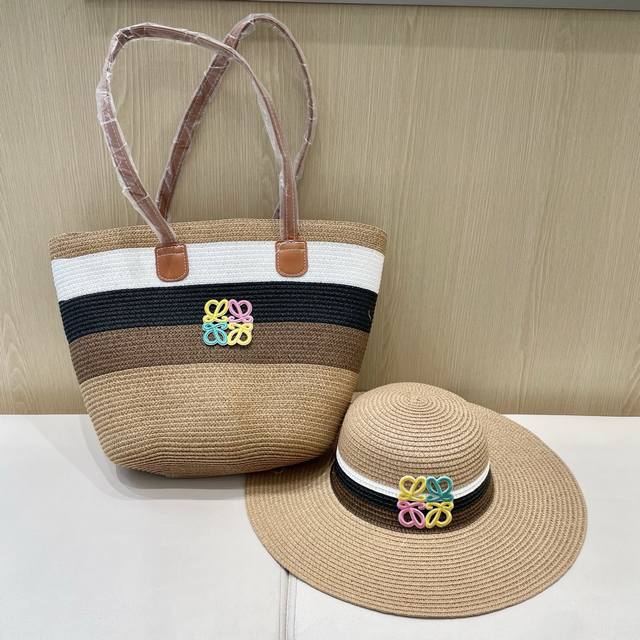 P140 罗意威 Loewe海边度假手提草编包包女2025夏新款遮阳草帽两件套休闲旅游沙滩包包包尺寸尺寸:上宽40Cm 下宽23Cm高度30Cm