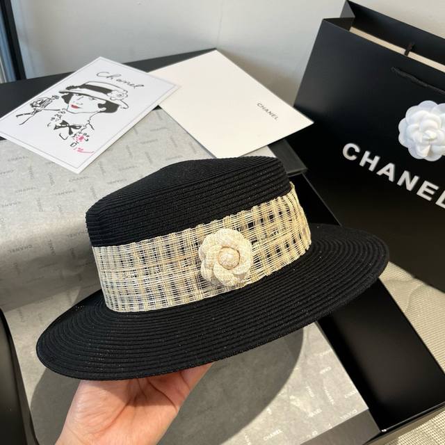 120￥P Chanel香奈儿平顶礼帽，Pp草帽，头围57Cm