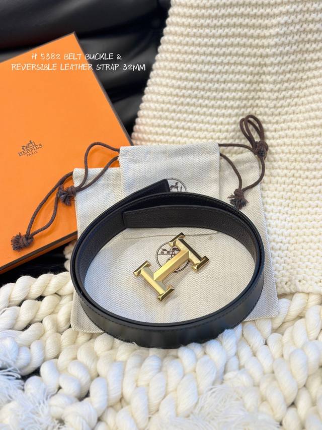 爱～马仕 镀钯金属皮带扣 & Togo小牛皮双面皮腰带。 宽度：32毫米/38毫米 顶级P230
