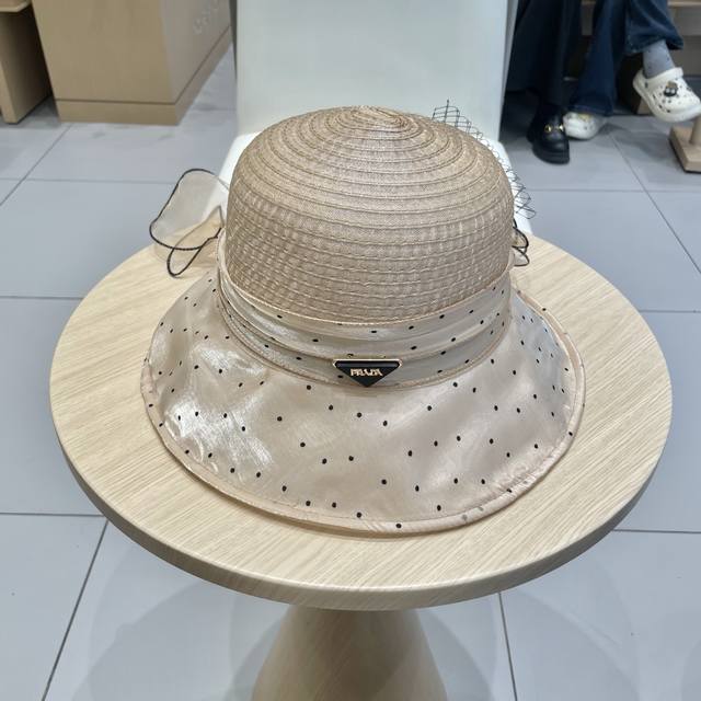 p90 Prada普拉达优雅波点遮阳帽子女夏出行户外大花欧根纱防晒帽时尚透气凉帽