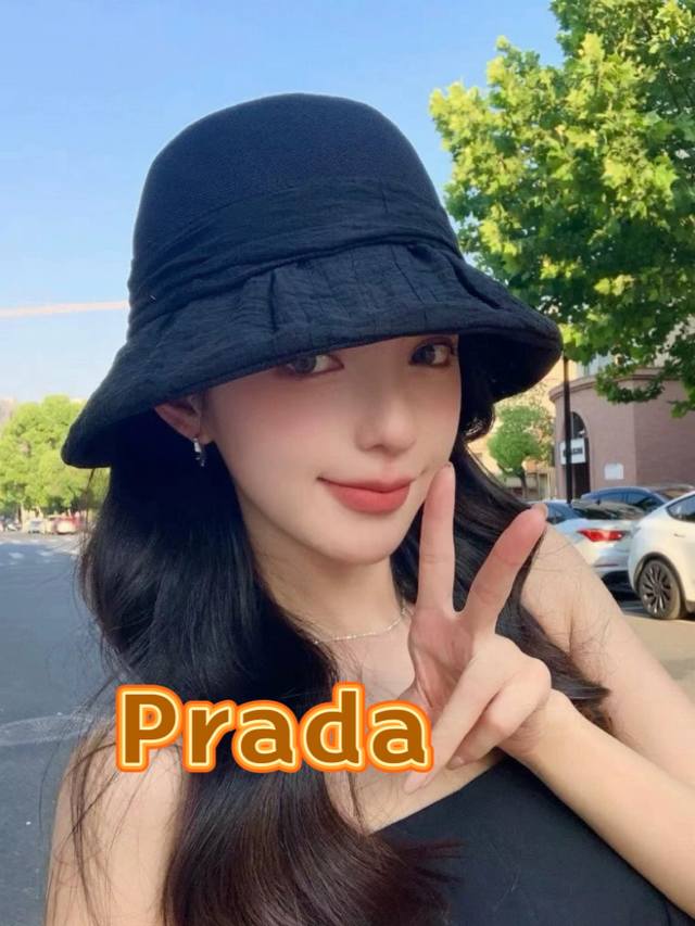 p80 Prada普拉达2025新款渔夫帽子女款春夏季出游遮阳帽防晒防紫外线透气百搭盆帽