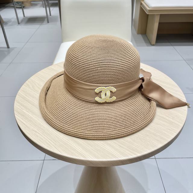 p100 Chanel香奈儿2025女夏季新款草编帽女遮阳大帽檐优雅蝴蝶结百搭法式遮阳渔夫帽