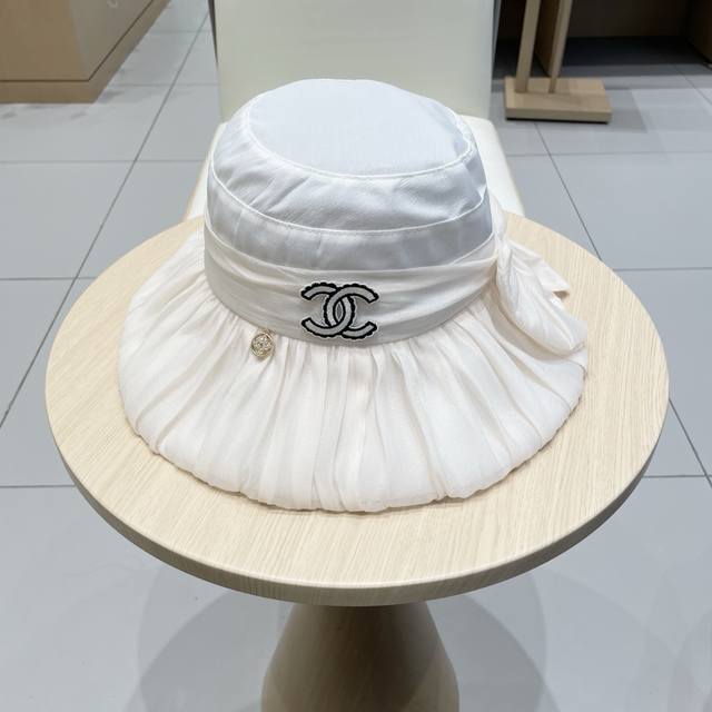p80 Chanel香奈儿春夏款时尚气质网纱遮阳帽女出游仙女帽大帽檐盆帽防晒遮阳太阳帽