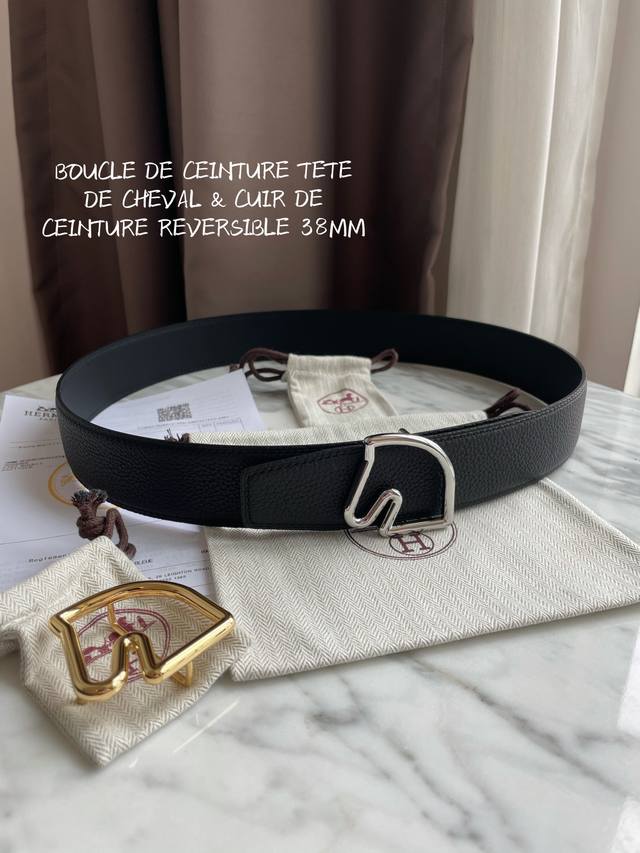 特P180 Hermes-Boucle De Ceinture Tete De Cheval & Cuir De Ceinture Reversible 38M