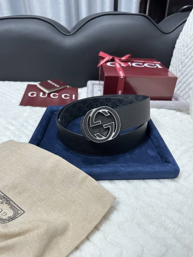 gucci Aaebr 黑色配积云灰双面Togo荔枝皮 宽度4.0Cm 双面可用 贴皮挂扣 顶级P230