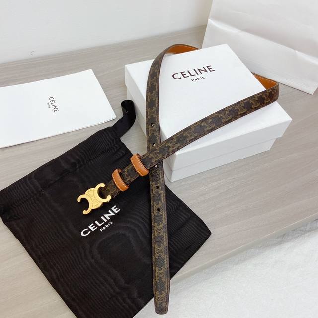 p160 Celine 这款皮带雅致而柔美，可为各类着装增添一丝精致休闲的气息。窄款皮带由品牌标志图案的牛皮制成，饰有品牌标志性的仿古金色Gancini扣饰细节
