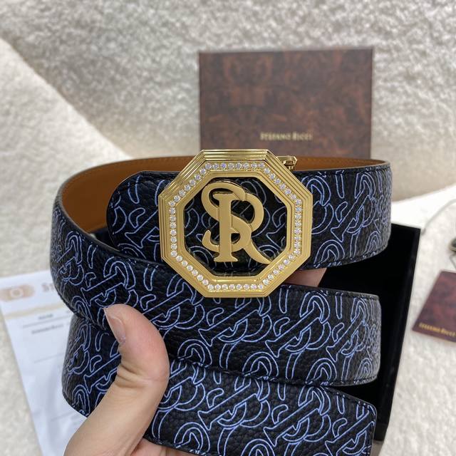 stefano Ricci /新款顶级品質/精品經典Sr鋼扣 底桥雕刻Logo原版压纹牛皮進口底皮-寬度38毫米P390