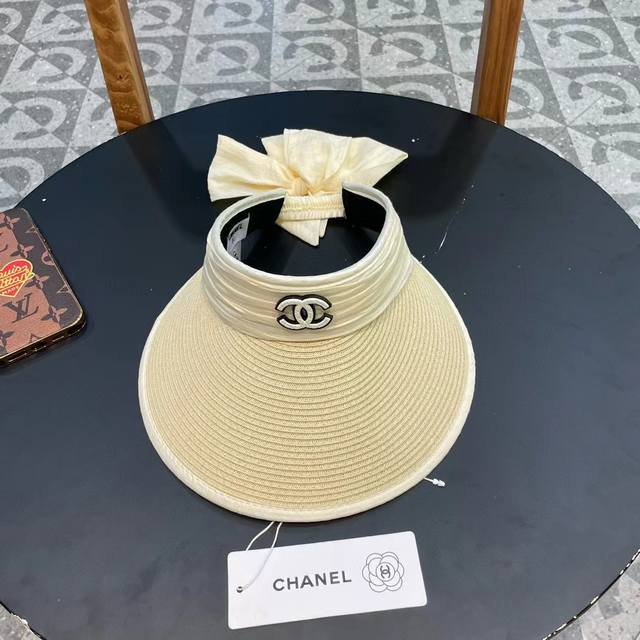 p80 Chanel香奈儿日韩爆款防晒蝴蝶结欧根纱空顶草帽 太阳帽 遮阳帽带蕾丝巾