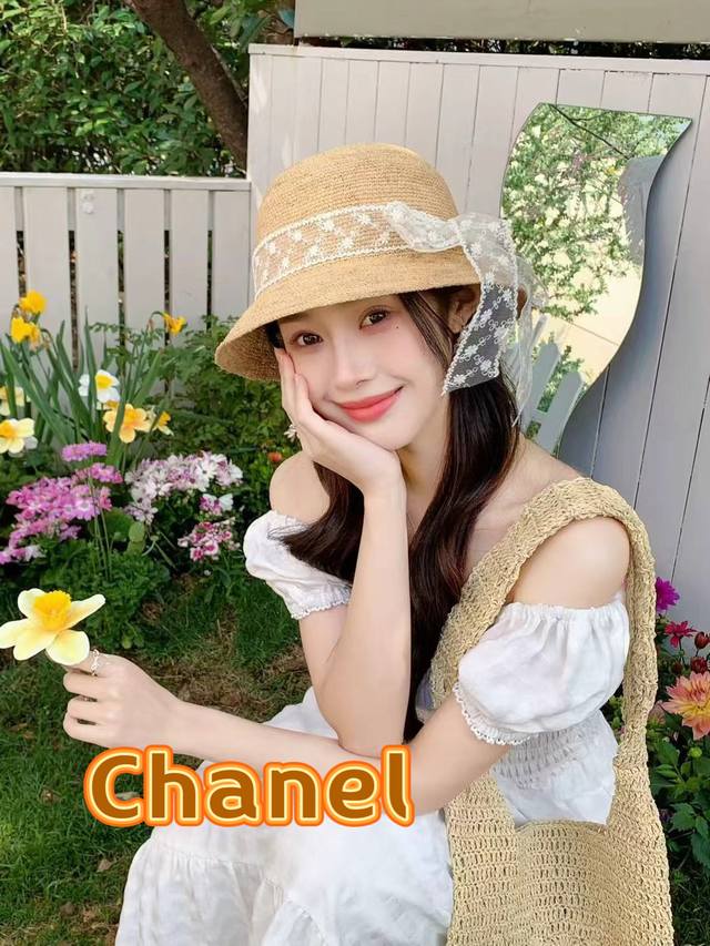 p120 Chanel香奈儿高品质拉菲草蕾丝蝴蝶结短檐防晒帽子沙滩帽夏季出游遮阳草帽女款