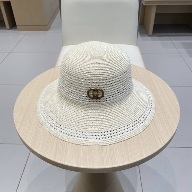 p90 Gucci古奇简约镂空水桶帽子女夏季防晒草帽撞色手编纹路渔夫帽百搭盆帽遮阳