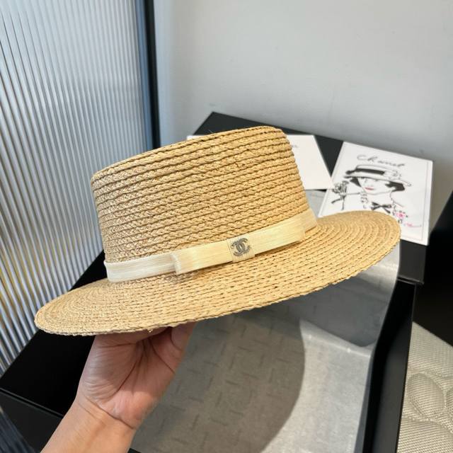 140￥ chanel香奈儿拉菲草平顶礼帽，高级麻纱定制，头围57Cm
