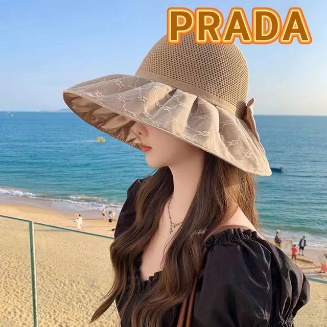 Prada普拉达 新款夏季渔夫帽女士大檐防紫外线沙滩帽子防晒遮阳出游太阳帽