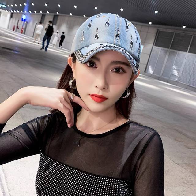 香奈儿Chanel水钻鸭舌帽女夏季韩版破洞太阳帽2025新款百搭 水滴做旧牛仔棒球帽