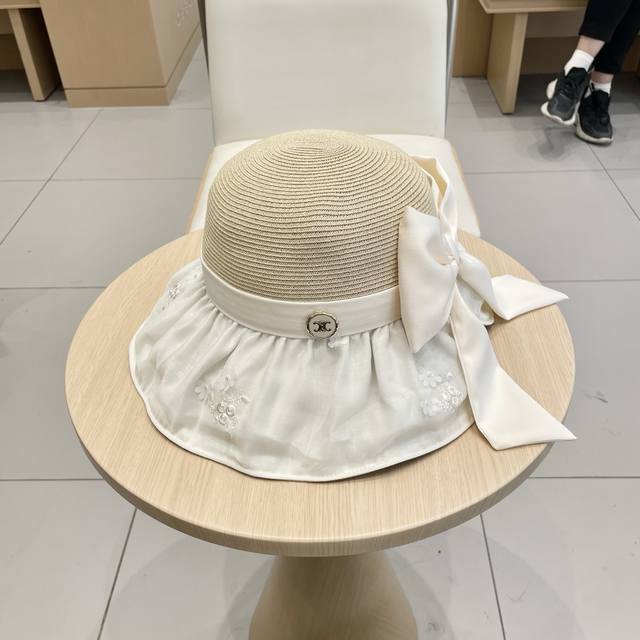 塞琳Celine草帽2025新款拼色蝴蝶结遮阳帽女夏大帽檐遮脸太阳帽显脸小渔夫帽