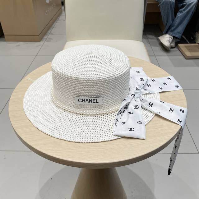 Chanel香奈儿 2025新款小香风珍珠丝带度假风盆帽草帽，出街旅行单品