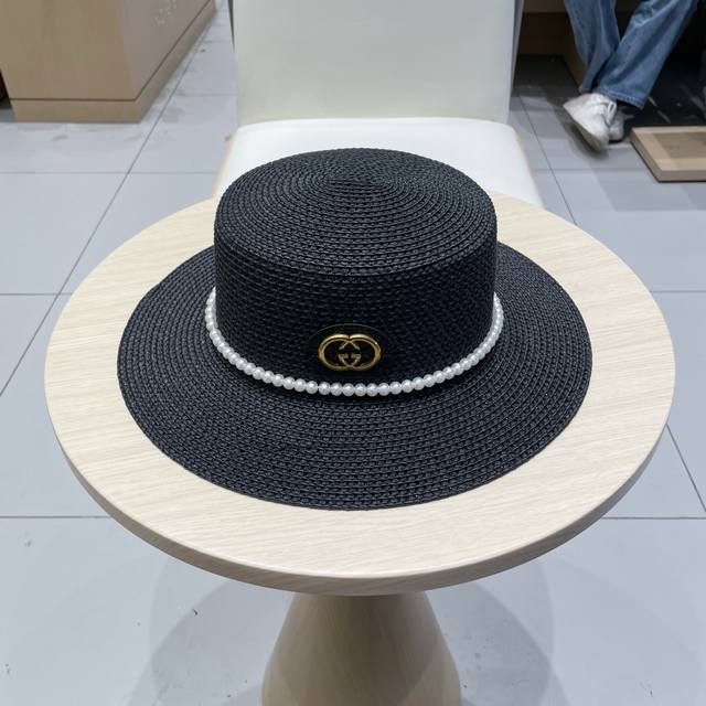 Gucci古奇平顶礼帽，遮阳草帽，头围57Cm