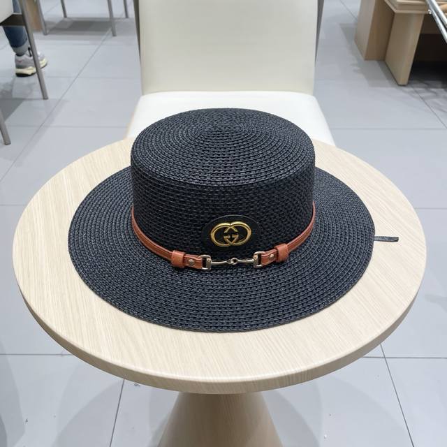 Gucci古奇2025原单皮带扣草帽，名媛平顶草帽制作，可折叠，携带方便，头围57Cm