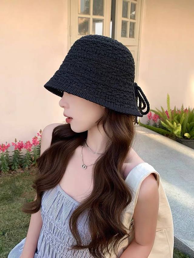 Dior迪奥韩版开叉蝴蝶结镂空透气渔夫帽女夏季防 晒遮户外出游阳显脸小盆帽