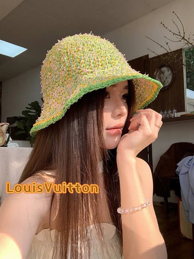 Lv路易威登韩版Ins手工编织渔夫帽女夏季新款百搭大帽盆帽显脸小防晒遮阳帽