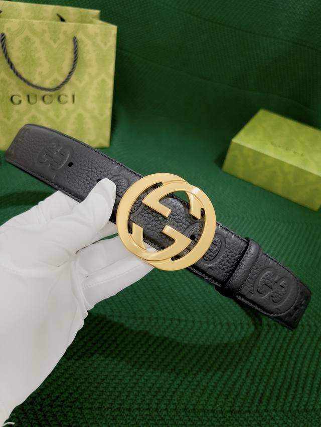 特 Gucci.古驰 全套包装 黑色粗荔枝新大Gg印花 宽度4.0Cm 互扣式双G扣