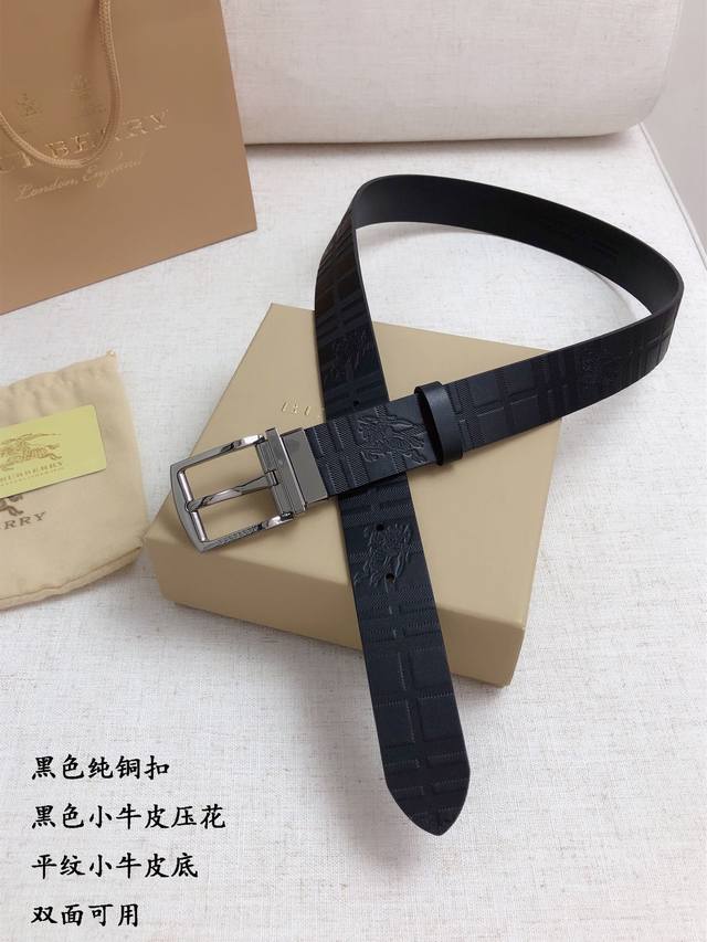 巴宝莉 顶级货 宽度35Mm J小牛皮压制战马花纹，双面头层小牛皮，双面可用。佩戴舒适。设计时尚 大气。 纯铜针扣 金色 银色 黑色 码数；100-125Cm