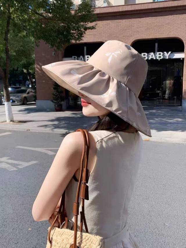 Dior迪奥 韩系帽子户外黑胶防晒帽女夏防紫外线遮阳帽 显脸小百搭大檐渔夫帽