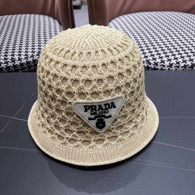 普拉达Prada 夏季时尚针织盆帽双面防晒遮阳渔夫帽女时尚 百搭素颜显脸小水桶帽 小