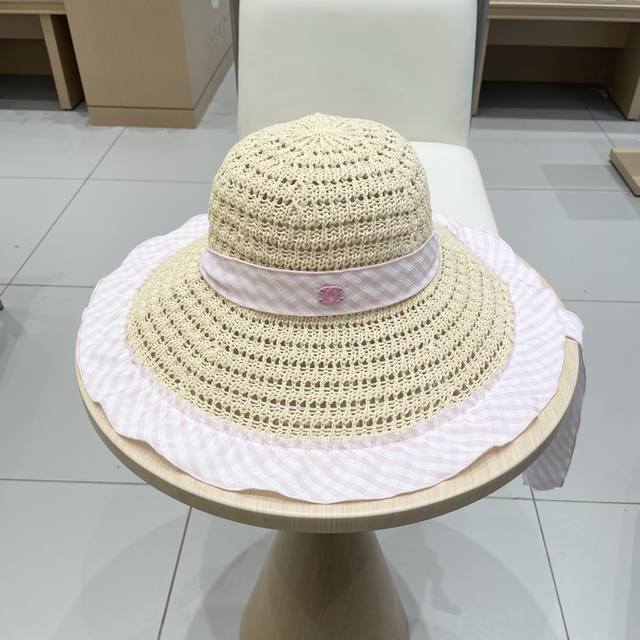Chanel法式复古荷叶边绑带沙滩帽女夏季海边度假遮阳防紫外线草帽显脸小
