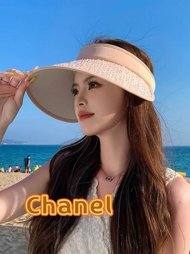 Chanel香奈儿新款夏季防晒帽遮阳防紫外线空顶帽百搭遮阳帽女黑胶大檐太阳帽子
