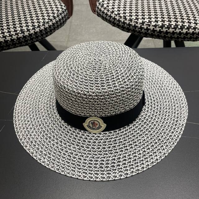 蒙口Moncler新款夏季镂空平顶帽子女遮阳防晒编织草帽 英伦复古礼帽