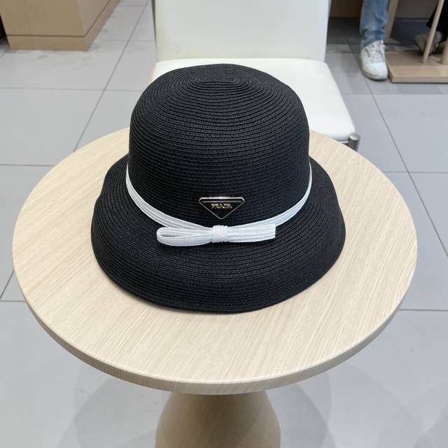 prada普拉达皮带款草帽，细草盆帽，方便携带，高端定制，头围57Cm