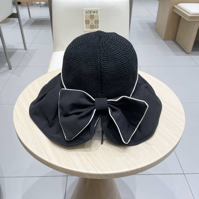 缪缪Miumiu夏季蝴蝶结防紫外线渔夫帽子女款2025新款户外遮阳帽大檐盆帽
