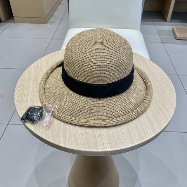 prada普拉达法式优雅设计感后开叉蝴蝶结卷边草帽女夏季海边出游遮阳防晒盆帽