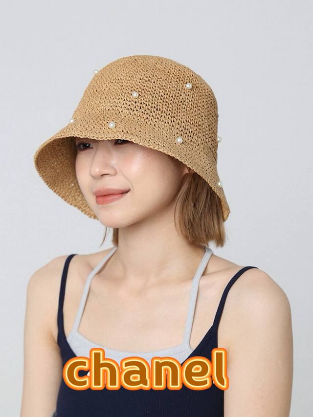 chanel香奈儿复古小沿小珍珠点缀经典度假女式法式街拍优雅圆顶帽细编草帽盆帽