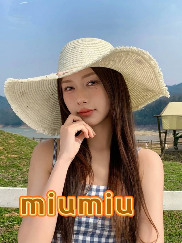 缪缪Miumiu花朵珍珠蝴蝶结草帽女春夏天大帽檐沙滩海边度假拍照遮阳帽防晒帽