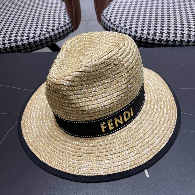 芬迪Fendi大帽檐麦秆爵士草帽女夏新款海边防晒遮阳巴拿马 法式复古草编帽子