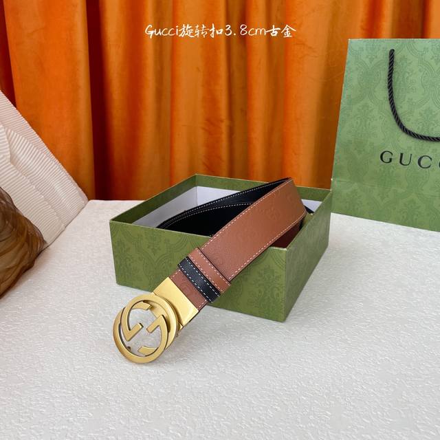 gucci新款压花腰带，一面经典压花一面进口平纹，搭配专柜精品旋转扣，两面可用，宽3.8Cm