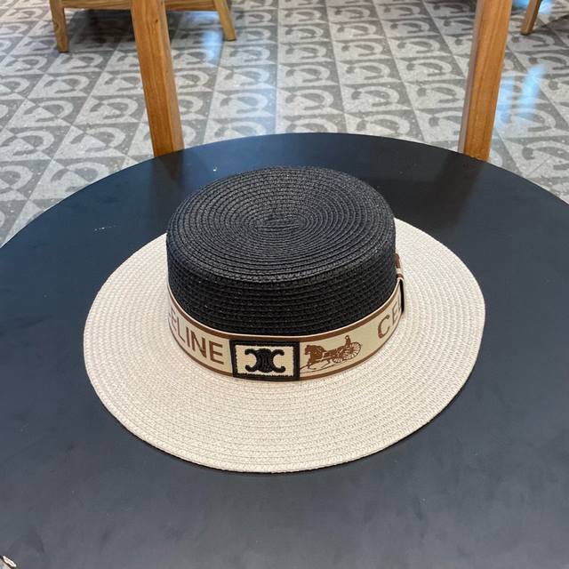 赛琳Cellne 夏季新款草帽，太阳帽，细草制作，拼色设计，可折叠，头围57Cm