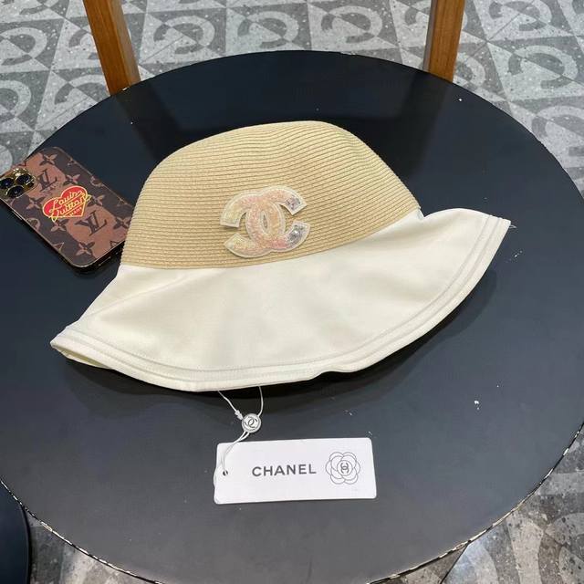 chanel香奈儿蝴蝶结渔夫帽子女显脸小夏季防紫外线草帽大檐遮脸防晒帽太阳帽潮