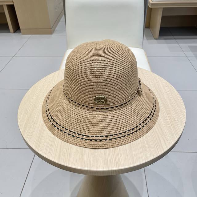 gucci古奇花边海边沙滩帽子女夏季出游防晒草帽户外大沿遮阳帽百搭盆帽