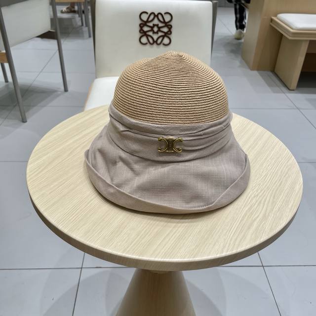 celine塞琳翻沿布草拼接渔夫帽女夏日系宽檐遮阳盆帽百搭防晒太阳帽透气草帽