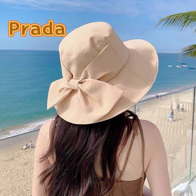 普拉达Prada日系新款遮阳防晒渔夫帽子女春夏大檐百搭休闲防紫外线帽薄款透气